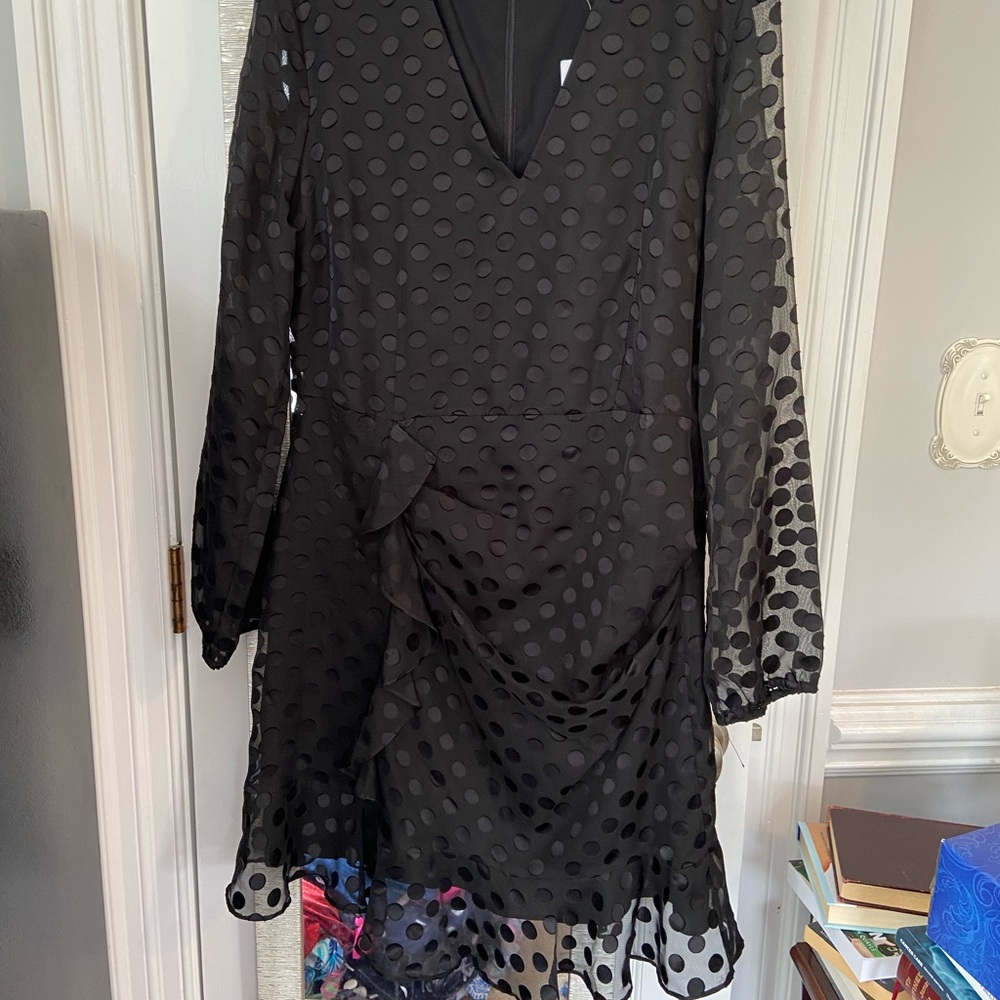 Bar III Black Sheer Polka Dot Long-Sleeve Dress Size 12